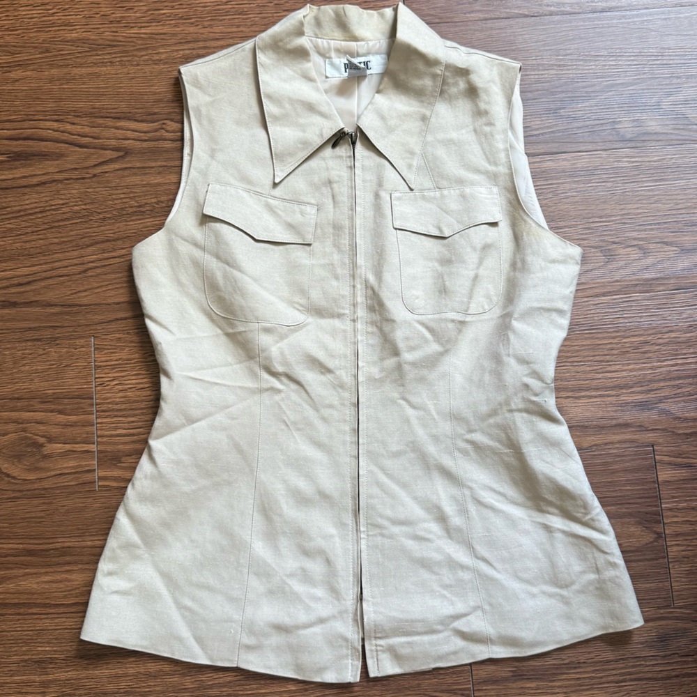 Poetic License Tan Sleeveless Fitted Button Down